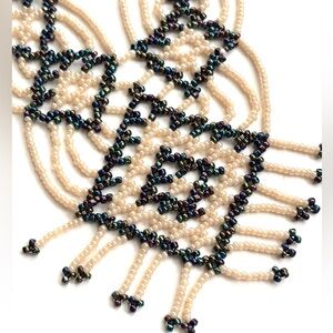 VTG Beaded Lace Necklace 1960’s / 70’s Handmade Cream Iridescent Black Seed Bead